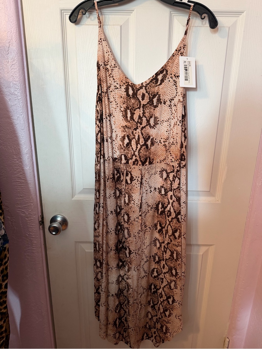 Snake Print Midi Slip Dress in Beige and Brown